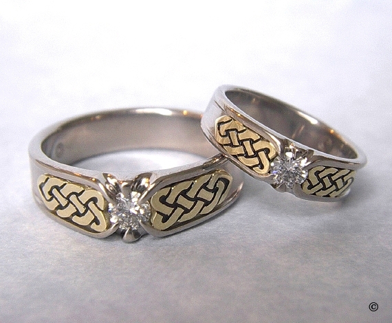 White and Yellow Gold Narrow Celtic Heart Shield Rings, flush set with .20ct Diamonds